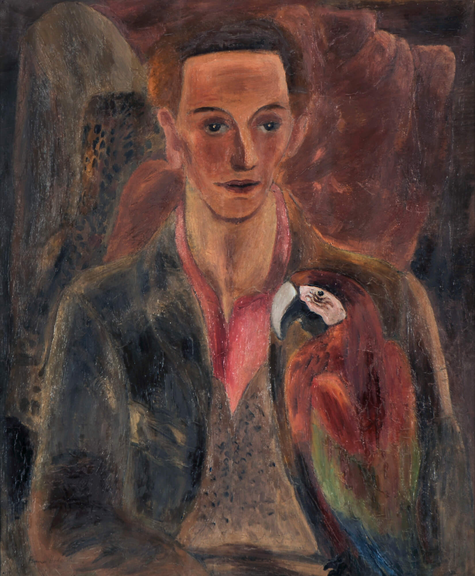 Cedric Morris is depicted in dark but vivid colours as a young man, and he is holding a red macaw